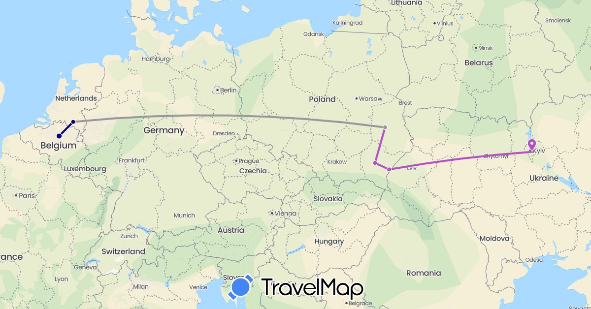 TravelMap itinerary: driving, plane, train in Belgium, Netherlands, Poland, Ukraine (Europe)